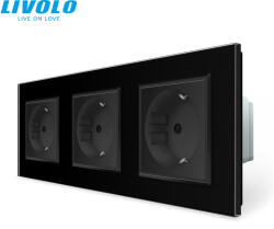 LIVOLO C73721B LIVOLO földelt hármas dugalj konnektor 2P+F 16A 250V, fekete üvegkeret (C73721B)