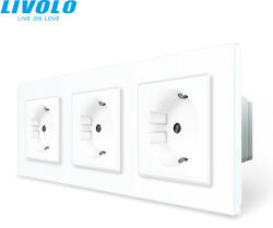 LIVOLO C73721W LIVOLO földelt hármas dugalj konnektor 2P+F 16A 250V, fehér üvegkeret (C73721W)