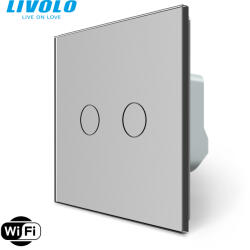  C708WFS LIVOLO 106+6 dupla alternatív WiFi okos váltó érintőkapcsoló, Fázis-Nulla bekötés, 240V 5A, ezüst kristályüveg (C708WFS)
