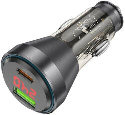hoco. NZ12B autós töltő USB QC 18W + Type-C, 30W, digitális kijelzővel, (PD48W) átlátszó / fekete - speedshop