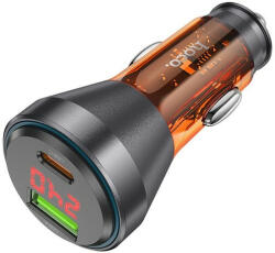 hoco. NZ12B autós töltő USB QC 18W + Type-C 30W, digitális kijelzővel, (PD48W) átlátszó / narancssárga - pixelrodeo