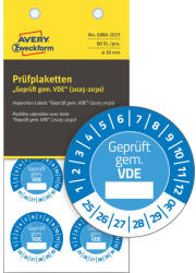 Avery Zweckform No. 6986-2025 kék színű, 30 mm átmérőjű, öntapadós biztonsági hitelesítő címke, 2025-2030-as évszámmal, Geprüft gemäß VDE felirattal - kiszerelés: 80 címke / csomag