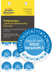 Avery Zweckform No. 6977-2025 kék színű, 20 mm átmérőjű, öntapadós biztonsági hitelesítő címke, 2025-2030-as évszámmal, Geprüft nach DGUV Vorschrift 3 felirattal - kiszerelés: 120 címke / csomag