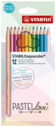 STABILO Akvarell ceruza készlet, STABILO "Aquacolor Pastellove", 12 különböző szín (TST16127)