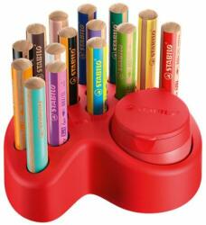 STABILO Színes ceruza készlet asztali tartóban, kerek, vastag, STABILO "Woody 3 in 1", 15 különböző szín, hegyezővel (TS8801501) - jatekotthon