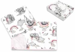 Qmini Lenjerie pat junior cu 3 piese, qmini, cu cearceaf 160x80 cm, din bumbac certificat oeko tex standard 100, cu paturica si pernuta, elephants on rainbow pink Lenjerii de pat bebelusi‎, patura bebelusi