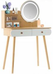 Chomik Masa de toaleta/machiaj, alba si natur, cu oglinda rotunda si LED, 2 sertare, 2 rafturi, 80x40x120 cm, Chomik (PHO7476) - mercaton