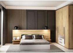 ASARO Nesi Hálószoba bútor, ágy 160 x 200 cm, éjjeliszekrényekkel, szekrény, tölgy / fényes fehér