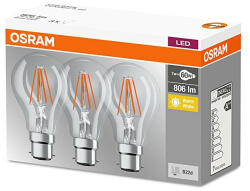 OSRAM 3PAK LED izzó B22d A60 7W = 60W 806lm 2700K 360° izzószál OSRAM (4058075819498)