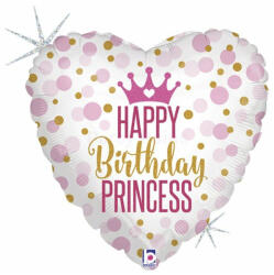 45 cm Happy Birthday Princess szív alakú fólia lufi 36700 (1058036700GH-P)