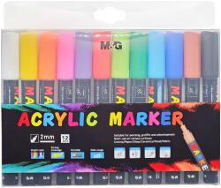 M&G Marker cu vopsea acrilica, varf rotund 2 mm, M-G 12 culori/set