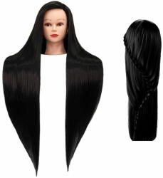  Enzo Iza gyakorló babafej 90 cm-es fekete termikus hajból + tartó állvány, gyakorló fej, modellező fej