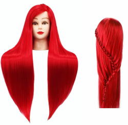  Enzo Iza gyakorló babafej 80 cm-es vörös termikus hajból + asztali tartó állvány, gyakorló fej, modellező fej