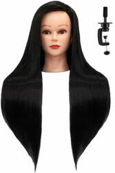 Enzo Iza gyakorló babafej 60 cm-es fekete termikus hajból + asztali tartó állvány, gyakorló fej, modellező fej