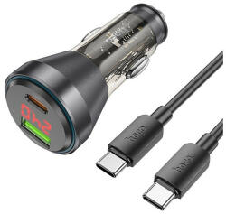 hoco. NZ12B autós töltő USB QC 18W + Type-C 30W digitális kijelzővel, Type-C kábellel, (Type-C PD48W) átlátszó / fekete - speedshop