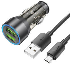 hoco. NZ12 autós töltő 2 x USB QC 18W + Micro USB kábel, átlátszó / fekete - pixelrodeo