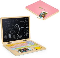 ECOTOYS Játék fa laptop és telefon mágneses táblával, betűkkel, 30x22 cm, rózsaszín