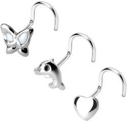 Ekszer Eshop Három orr piercing készlet 925 ezüstből - delfin, szív, pillangó