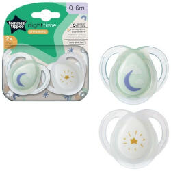 Tommee Tippee Set 2 Suzete ortodontice Tommee Tippee Night Time, 0-6 luni, Alb-Verde, cutie sterilizare (5010415333803/3)