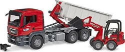 BRUDER MAN TGS truck with roll-off container and Schäffer farm loader, model vehicle (03767) Figurina