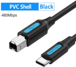 Vention USB-C 2.0 -> USB-B 2.0 (2 Amper, fekete, nyomtatókábel , printerkábel ), 2m, kábel (CQUBH)
