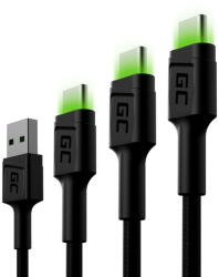 Green Cell Set de cabluri Green Cell 3x GC Ray USB-C 30cm, 120cm, 200cm Cablu USB de date și încărcare cu LED-uri verzi Iluminare cu LED-uri Ultra Charge încărcare rapidă Suport QC 3.0