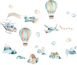 INSPIO Gyerekszoba falmatrica fiúknak - Kék repülők és hőlégballonok