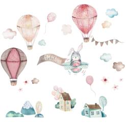 INSPIO Kislány falmatrica - Rózsaszín hőlégballonok, nyuszi és házak