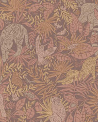  Gyerekszobai dzsungel motívum majmokkal madarakkal és nagymacskákkal barna padlizsán rózsaszín és bézs tónus tapéta (323023)