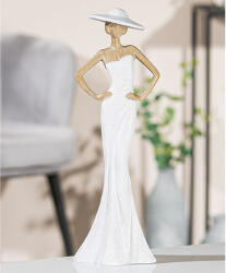  Gyönyörű elegáns fehér ruhás álló hölgy szobor kalapban 30cm