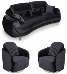 Chairs Deco Set 3 canapea Luxury Atlanta cu 2 fotolii catifea neagră Canapea