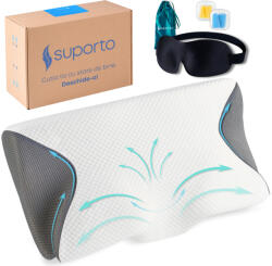 Suporto Set Perna Ortopedica Cervicala pentru dormit cu Extensii Gri + Masca de dormit Suporto 3D cu saculet Verde Smarald, Ideale pentru ochi obositi si un somn odihnitor