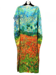 SHOPIKA Rochie de plaja lunga tip poncho din matase cu pictura impresionista camp cu maci si pomi Talie unica