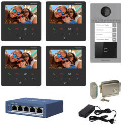 Hikvision Kit complet videointerfon IP Hikvision pentru 4 familii, 4 posturi de interior 4.3 inch