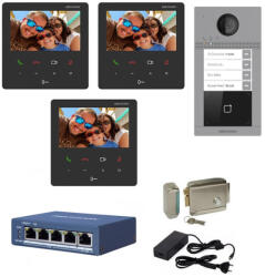 Hikvision Kit complet videointerfon IP Hikvision pentru 3 familii, 3 posturi de interior 4.3 inch