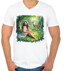 printfashion Lány az erdőben - Férfi V-nyakú póló - Fehér (15884455)
