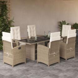vidaXL Set de masă pentru grădină, 7 piese, cu perne, bej, poliratan (3212494)