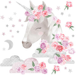 Sticker de perete Unicorn cu flori - roz