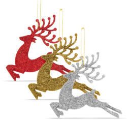 Family Collection Karácsonyfadísz - glitteres rénszarvas - 12 cm - piros/arany/ezüst - 4 db / csomag (58680)