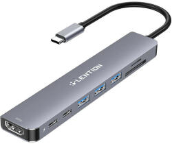  Lention 8 az 1-ben hub USB-C - 3x USB 3.0 + SD/TF + PD + USB-C + HDMI 4K60Hz (szürke)