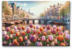  Gyémántszemes festmény - Tulipánok és kilátás a hídra Méret: 40x60cm, Keretezés: Keret nélkül (csak a vászon), Gyémántok: Kerek