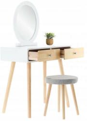 Masuta de toaleta din lemn, oglinda, scaun tapitat, 2 sertare, stil scandinav, 80x40x125 cm, alb/natur