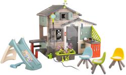Smoby Căsuța Prietenilor ecologică cu loc de relaxare lângă tobogan și joc de apă în culori naturale Friends House Evo Playhouse Gr extensibilă (SM810229-F)