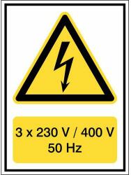 Brady Veszélyt jelző tábla - "Vigyázat, elektromos feszültség: 3 X 230V/400V/50HZ" - polipropilén