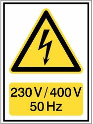 Brady Veszélyt jelző tábla - "Vigyázat, elektromos feszültség: 230 V/400 V/50 HZ" - polipropilén
