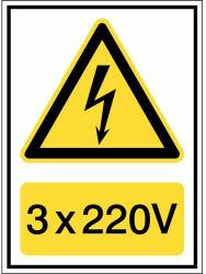 Brady Veszélyjelző tábla - "Vigyázat, elektromos feszültség: 3x 220 V" - polipropilén