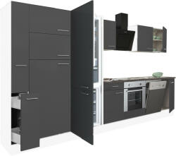 Leziter Yorki 370 konyhablokk fehér korpusz, selyemfényű antracit front alsó sütős elemmel polcos szekrénnyel és alulfagyasztós hűtős szekrénnyel (L370FHAN-SUT-PSZ-AF)