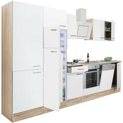 Leziter Yorki 340 konyhablokk sonoma tölgy korpusz, selyemfényű fehér front alsó sütős elemmel polcos szekrénnyel és felülfagyasztós hűtős szekrénnyel (L340STFH-SUT-PSZ-FF)