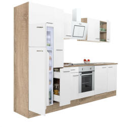 Leziter Yorki 300 konyhablokk sonoma tölgy korpusz, selyemfényű fehér front alsó sütős elemmel felülfagyasztós hűtős szekrénnyel (L300STFH-SUT-FF)
