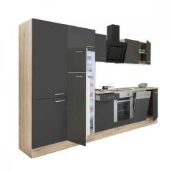 Leziter Yorki 340 konyhablokk sonoma tölgy korpusz, selyemfényű antracit front alsó sütős elemmel polcos szekrénnyel és felülfagyasztós hűtős szekrénnyel (L340STAN-SUT-PSZ-FF)